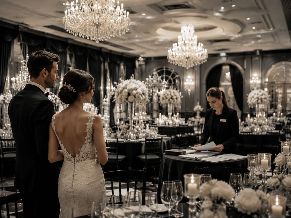 Bride and groom discovering the importance of looking beyond wedding venue appearance and evaluating service quality before booking.