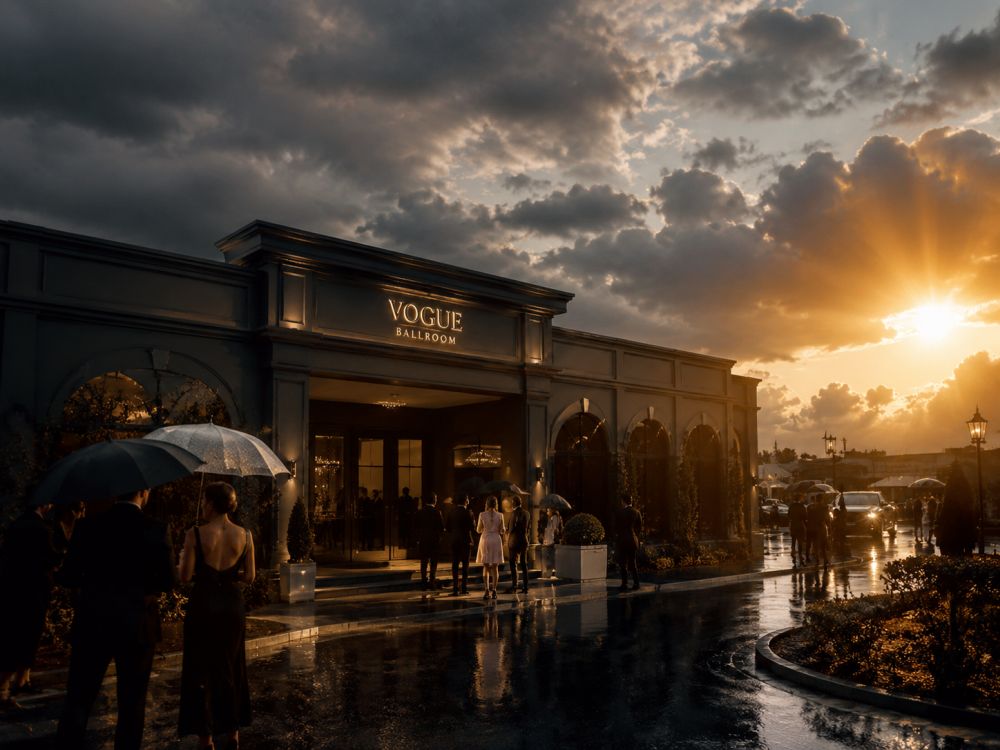 Wedding guests arriving at a reception venue during changing weather conditions.