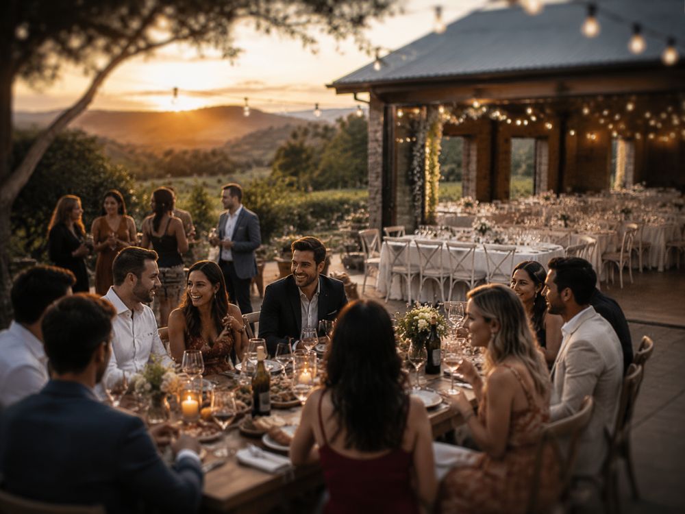 Symbolic wedding welcome dinner scene showing guests becoming connected before the wedding reception