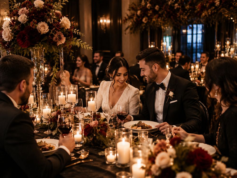 Guests enjoying a warm and elegant winter wedding dinner with seasonal food and candlelit décor.