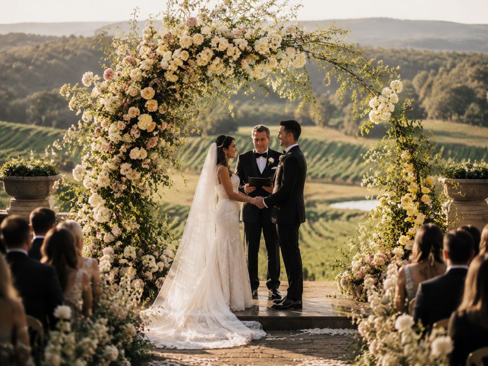 Romantic couple exchanging vows beneath a floral wedding arch overlooking Yarra Valley vineyards