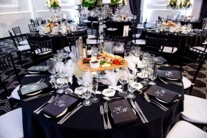 black and white table arrangement at wedding