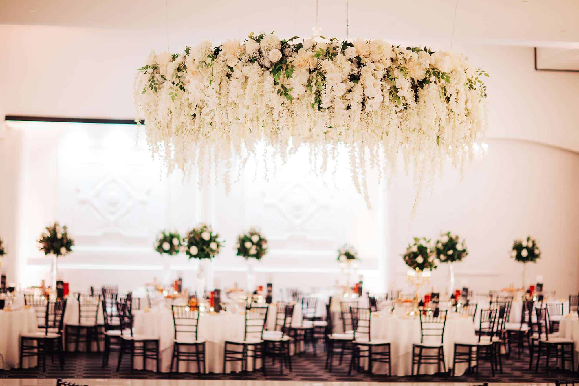 white wedding reception at vogue ballroom